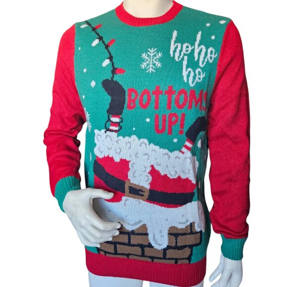 Novelty Ugly Christmas Sweater Crewneck Sz L - NWOT - Bottoms Up Santa Funny - Picture 1 of 7